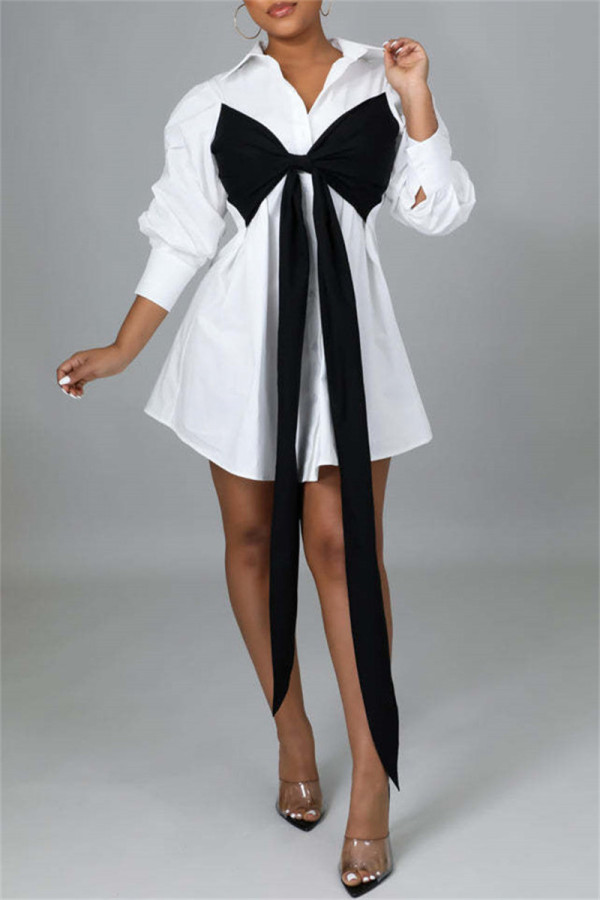 ホワイトファッションカジュアルソリッドメタルアクセサリーデコレーションボウターンダウンカラーシャツドレスドレス