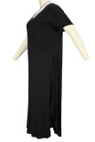 Vestido preto casual patchwork sólido com fenda decote em v vestidos plus size