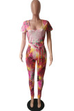 Pink Fashion Casual Print Patchwork O Neck Skinny Jumpsuits