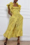 Gelbes, modisches, lässiges Patchwork-Kleid mit quadratischem Kragen und kurzen Ärmeln