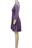 Фиолетовые повседневные однотонные платья трапециевидной формы с отложным воротником и пряжкой в ​​стиле пэчворк