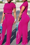 fuchsia Milk Silk Fashion adult Europe and America Ma'am Solid Two Piece Suits Loose Short Sleeve Two Pieces