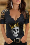 Black Lace Sexy Skull Printed Women's Short Sleeve Top