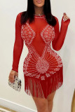 Abricot Fashion Sexy Patchwork Hot Drilling Tassel See-through O Neck Robes à manches longues