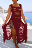 Black Sexy Solid Tassel Hollowed Out Patchwork Asymmetrical Swimwears Cover Up