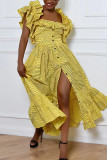 Gult Mode Casual Print Patchwork fyrkantig krage kortärmad klänning