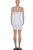 White Sexy Solid Patchwork Feathers Chains Spaghetti Strap Pencil Skirt Dresses