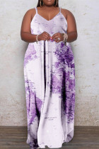 Светло-фиолетовое модное сексуальное длинное платье больших размеров с принтом и открытой спиной на тонких бретелях