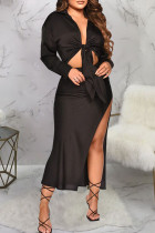 Black Fashion Sexy Solid Bandage Slit Turndown Collar Long Sleeve Two Pieces