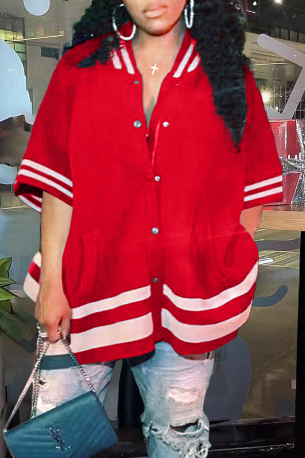 Abrigo de talla grande con cuello de cárdigan con hebilla sólida informal rojo