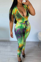 Green Fashion Casual Print Patchwork O Neck Skinny Jumpsuits