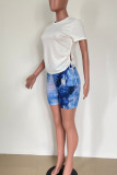 Blue Fashion Casual Print Bandage Patchwork O Neck Short Sleeve Two Pieces