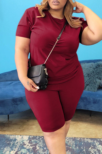 Burgundy Casual Solid Patchwork O Neck Plus Size Two Pieces