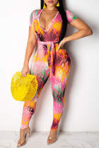 ピンクファッションカジュアルプリントパッチワークOネックスキニージャンプスーツ
