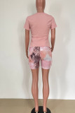 Pink Fashion Casual Print Bandage Patchwork O Neck Short Sleeve Two Pieces