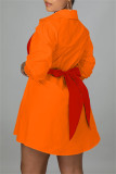Tangerine Röd Mode Casual Solid Metal Accessoarer Dekoration Med rosett Turndown krage Skjorta Klänning Klänningar