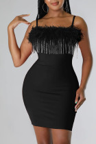Negro sexy sólido patchwork plumas cadenas correa de espagueti lápiz falda vestidos