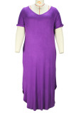 Purple Casual Solid Patchwork Slit V Neck T-shirt Dress Plus Size Dresses