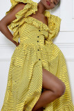 Желтое модное повседневное платье с принтом в стиле пэчворк и квадратным воротником с коротким рукавом