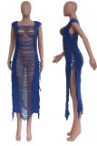 Blue Sexy Solid Tassel Hollowed Out Patchwork Asymmetrical Swimwears Cover Up
