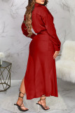 Бордовый модный сексуальный сплошной бинт с разрезом и отложным воротником с длинным рукавом из двух частей
