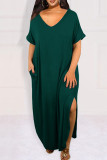ブルーカジュアルソリッドパッチワークスリットVネックTシャツドレスプラスサイズのドレス