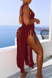 Dark Brown Sexy Solid Tassel Hollowed Out Patchwork Asymmetrical Swimwears Cover Up