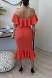 Rose Red Sweet Solid Patchwork Flounce Off the Shoulder One Step Skirt Dresses