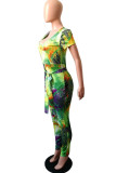 Green Fashion Casual Print Patchwork O Neck Skinny Jumpsuits
