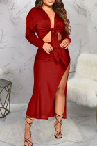 Burgundy Fashion Sexy Solid Bandage Slit Turndown Collar Long Sleeve Two Pieces