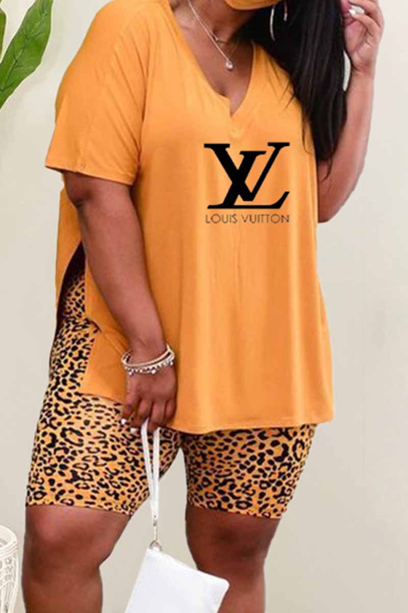 

Yellow Fashion Casual Print Letter V Neck Plus Size Two Pieces