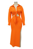 オレンジ色のファッションセクシーな固体包帯スリットターンダウンカラー長袖XNUMXピース