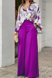 Пурпурный модный повседневный принт в стиле пэчворк с отложным воротником и пряжкой с длинным рукавом из двух частей