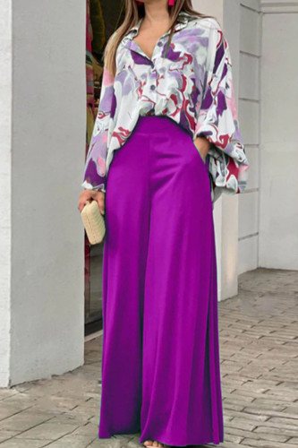 Purple Fashion Casual Print Patchwork Buckle Turndown Collar Long Sleeve Two Pieces