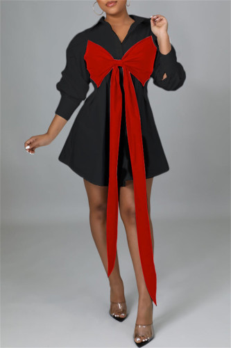 Black Red Fashion Casual Solid Metal Accessories Decoration With Bow Turndown Collar Shirt Dress Dresses