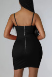 黒のセクシーなソリッドパッチワークフェザーチェーンスパゲッティストラップペンシルスカートドレス