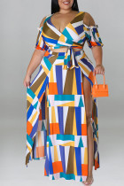 Blauwe Sexy Bandage Patchwork V-hals Plus Size Two Pieces
