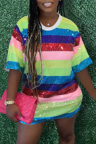 Stripe Fashion Casual Patchwork Sequins O Neck A Line Dresses
