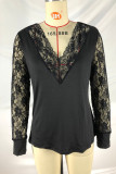 Black Lace Splicing V-neck See-through Long-sleeved T-shirt