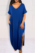 Vestido azul casual patchwork sólido com fenda decote em v vestidos plus size