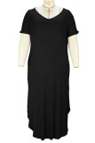 Black Casual Solid Patchwork Slit V Neck T-shirt Dress Plus Size Dresses
