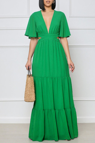 Grön Elegant solid urholkad Patchwork V-hals raka klänningar