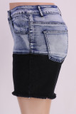 Black Fashion Casual Patchwork Basic Colorblock Raw Hem High Waist Skinny Denim Shorts
