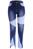 Azul Moda Casual Patchwork Básico Cintura Alta Jeans Regular