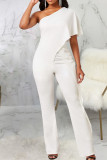 White Elegant Solid Patchwork Flounce Oblique Collar Jumpsuits