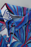 Синий модный повседневный принт, базовый отложной воротник, комплект из трех предметов с длинным рукавом
