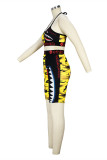 Yellow Fashion Sexy Print Bandage Patchwork Backless Halter Sleeveless Two Pieces