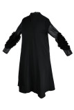 Черные повседневные элегантные однотонные платья в стиле пэчворк с завязками и кромкой Половина водолазки трапециевидной формы плюс размер платья