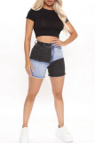 Black Fashion Casual Patchwork Basic Colorblock Raw Hem High Waist Skinny Denim Shorts