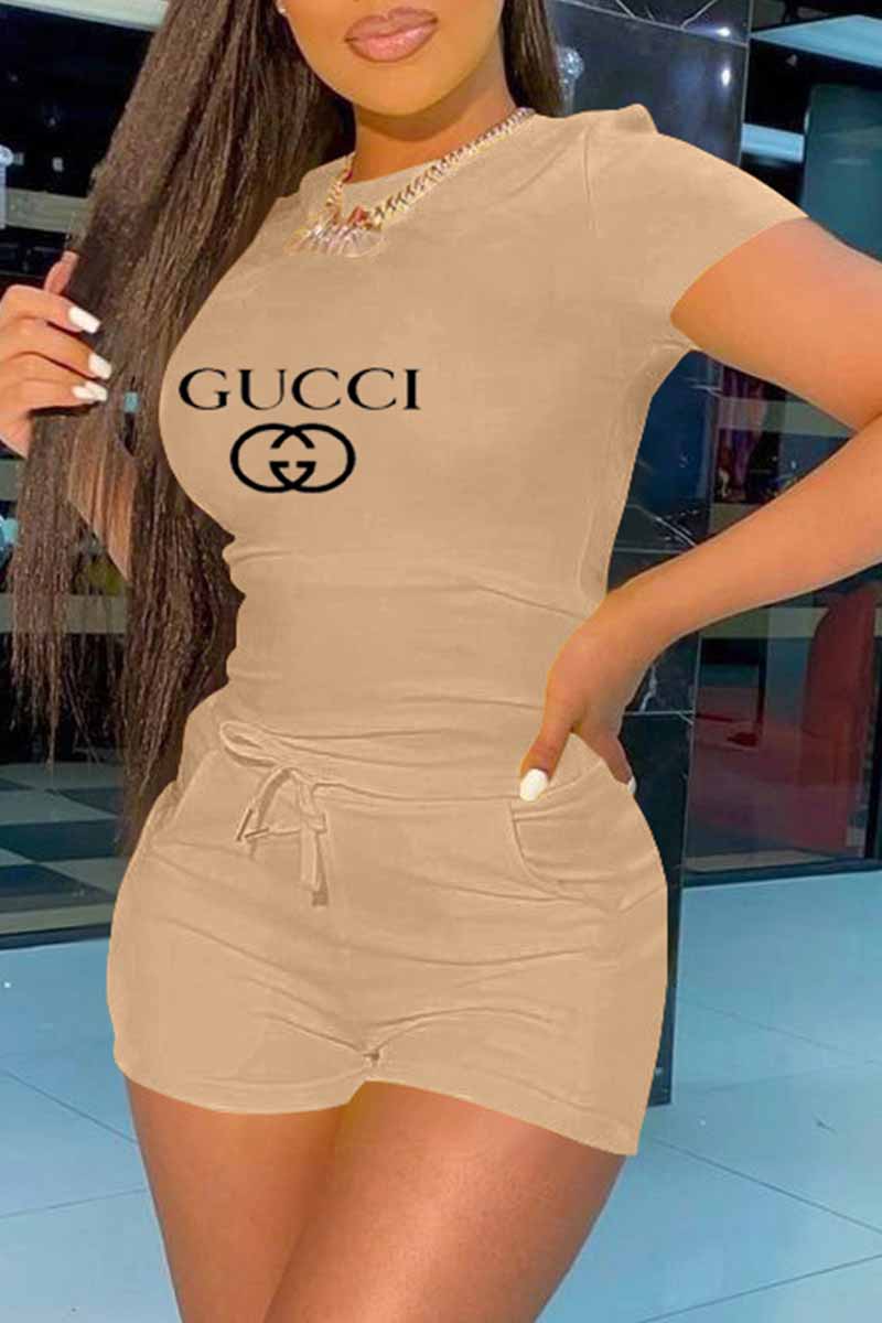 

Khaki Fashion Casual Print Letter O Neck Short Sleeve Two Pieces
